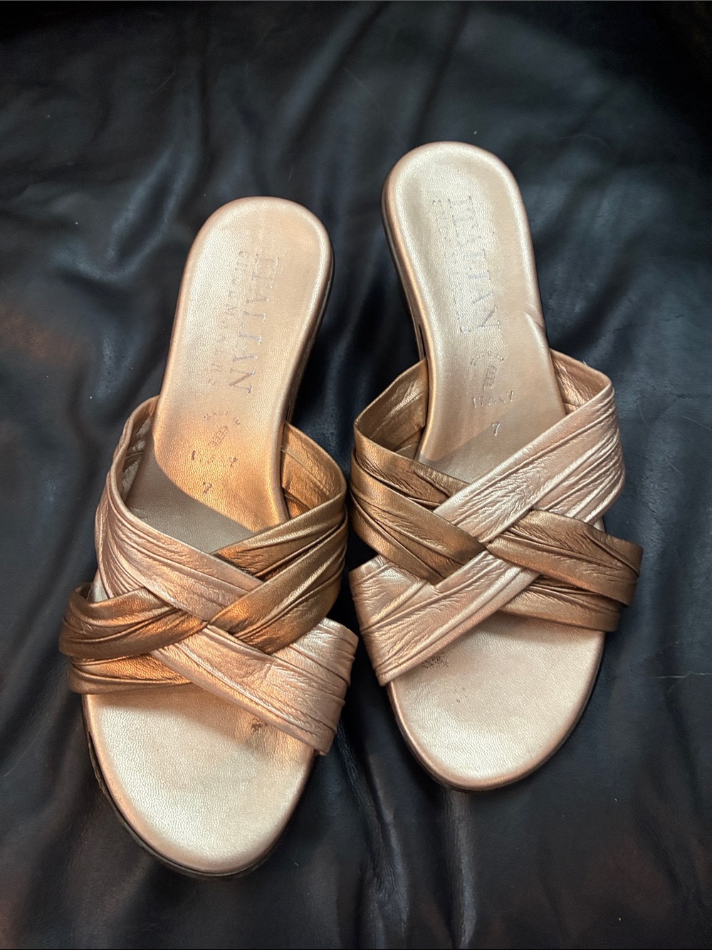 Metallic Bronze Woven Slide Mules - Women